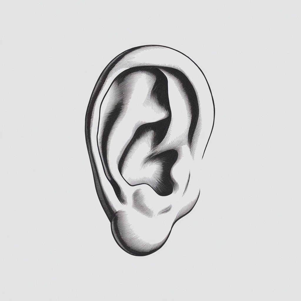 A pencil drawing illustration of a detailed human ear on a plain white background. The ear is black and white, drawn in a simplistic style with visible curves, folds, and subtle shading to highlight its realistic anatomy. The focus is on precision and accuracy, making it ideal for anatomy studies.