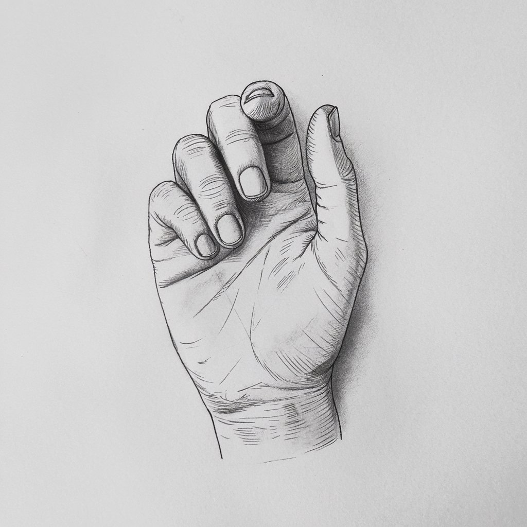 A minimalist pencil drawing of a realistic human hand with fingers slightly curled. The hand is placed on a plain white background. The drawing is done in a simplistic style, with clean, precise lines. The contours of the palm and knuckles are emphasized with subtle shading. The nails are lightly detailed, with fine lines indicating texture on the skin. The hand is drawn in a natural, relaxed position.