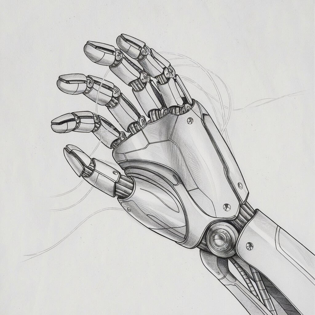 A minimalist pencil drawing illustration on a plain white background, depicting a five-fingered robotic hand with intricate mechanical details. Each finger is segmented into metallic joints, with visible screws and hinges connecting the components. Thin, precise lines represent wires interwoven through the design, while flat panels and curved surfaces create a sleek, futuristic aesthetic. Subtle pencil shading highlights the reflective quality of the metal. The artwork is rendered in a simplistic style, blending functional detail with a streamlined, minimalistic approach to mechanical anatomy.