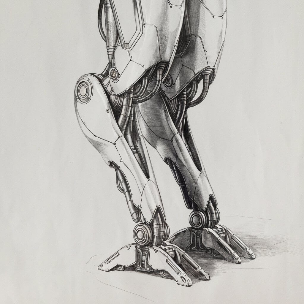 A pencil drawing of futuristic robot legs on a plain white background. The legs are made of sleek metallic plating and have mechanical joints and wires. There are also tiny screws and gears visible. The legs are segmented and have circular joints. The drawing is minimalist and has smooth lines.