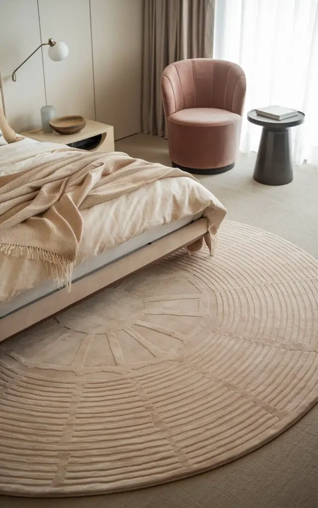 A photo of a modern bedroom with a round rug featuring a subtle pattern. The rug is partially placed under a cozy bed dressed in soft pastel bedding. The circular rug design adds visual interest, balancing the room's clean lines and rectangular furniture. A small seating nook with a velvet chair and a side table is arranged near the rug. A sleek floor lamp provides focused lighting. The calming neutral color palette is enhanced by the soft texture of the rug.