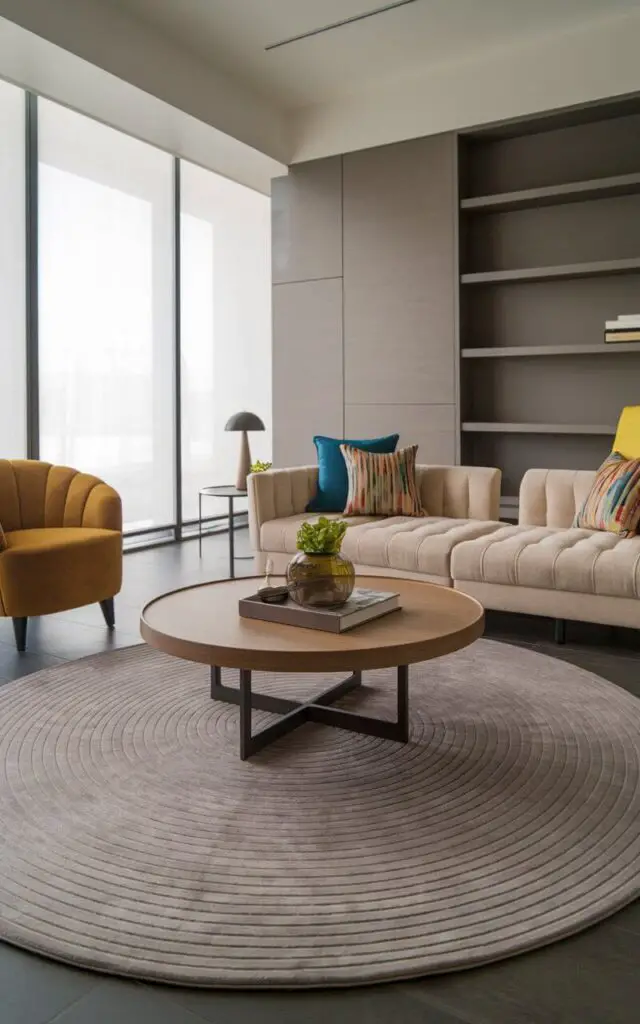 A contemporary living room with a round living room rug in a soft gray hue, placed under a circular coffee table with a wooden top and metal legs. The room features a cozy beige sofa with colorful throw pillows, adding vibrancy to the space. A nearby armchair in mustard yellow adds a bold touch. The round rug creates a sense of flow and balance, contrasting elegantly with the room’s angular elements, such as the large windows and sleek shelving.