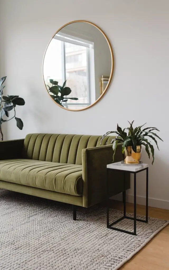 A photo of a modern living room with a green couch and a gold-framed round mirror above it. The mirror reflects natural light, brightening the room and making it feel more spacious. A textured gray rug is placed beneath the couch, and a sleek black side table holds a potted plant. The decor is minimal and stylish.