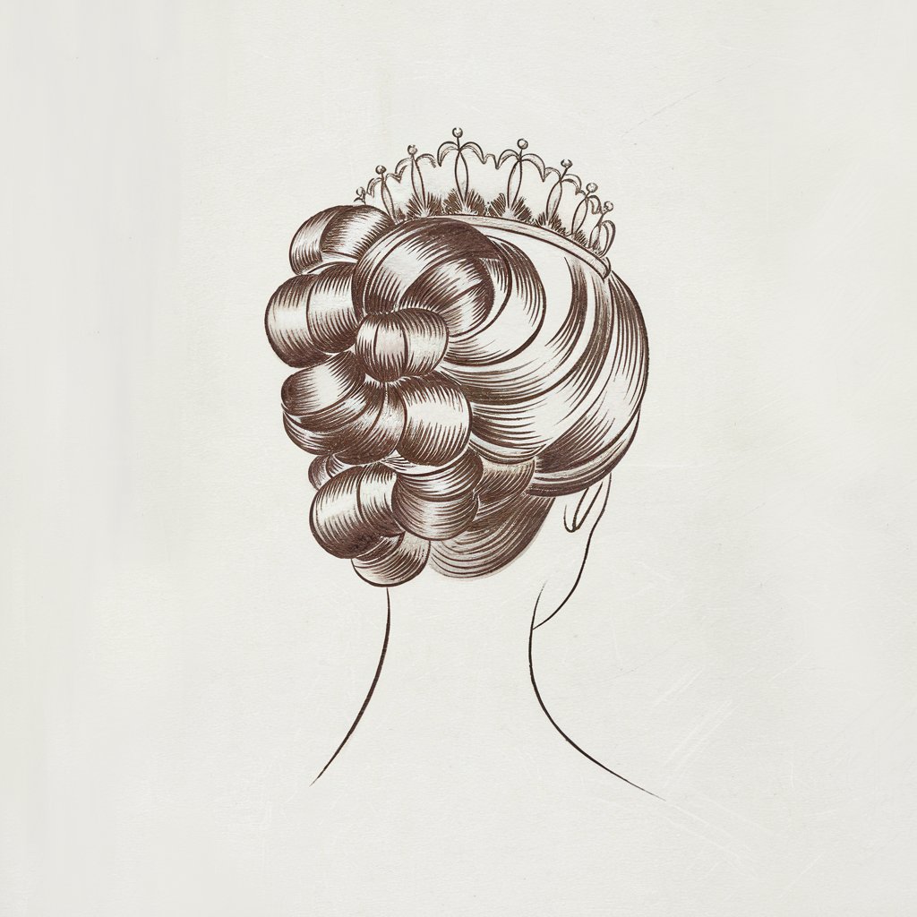 A minimalist pencil drawing of an elegant updo with tight curls and a tiara, illustrated on a plain white background. The hairstyle is drawn in a simplistic style, with clean, coiled lines and delicate details highlighting the regal and polished design.