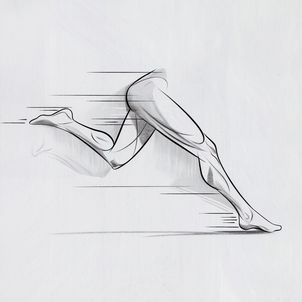 A minimalist, plain white background pencil drawing illustration of legs captured mid-run, conveying energy and motion. One leg is bent at the knee, while the other is extended backward, emphasizing the dynamic stride. Smooth, curved lines outline the muscular calves and thighs, with subtle shading enhancing the contours. Motion lines are lightly sketched around the legs, suggesting speed and movement. Drawn in a simplistic style, the illustration uses clean, deliberate strokes to balance action and minimalism.