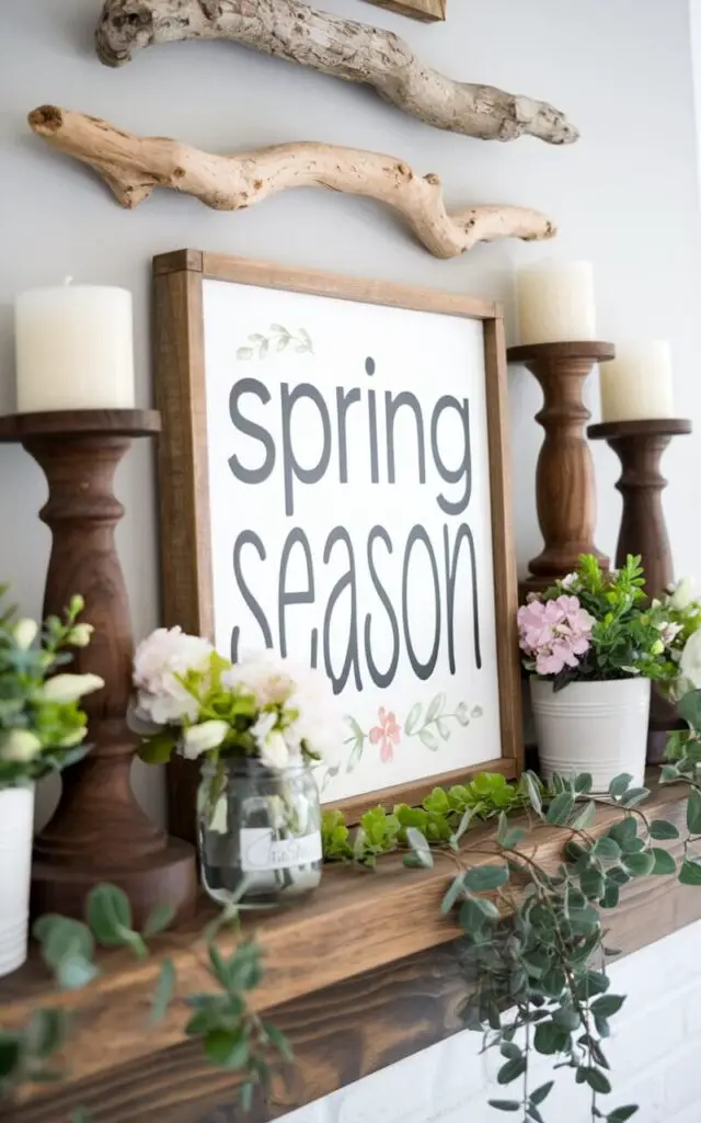 A spring mantel adorned with wooden elements, including driftwood pieces, wooden candlesticks, and a reclaimed wood sign with a cheerful spring quote "spring season". Potted plants and small jars of fresh blooms soften the look. The combination of rustic textures and vibrant greenery brings a cozy yet fresh spring atmosphere.