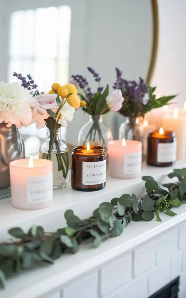 A spring mantel styled with fragrant candles and an essential oil diffuser. Lavender and citrus candles are placed alongside small vases of fresh flowers. A garland of eucalyptus drapes across the mantel, enhancing the fresh scent. The combination of aromatic and visual elements evokes the essence of spring.