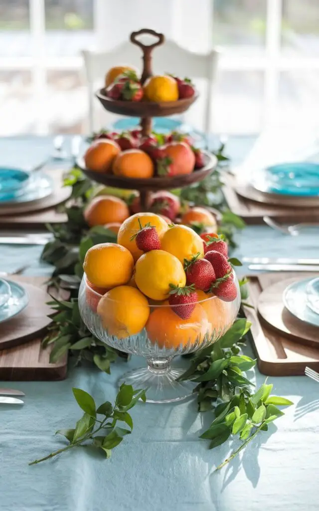 A photo of a vibrant spring dining table centerpiece with a glass bowl filled with lemons, oranges, and strawberries. The fruit adds pops of yellow, orange, and red against a soft blue linen tablecloth. Wooden cutting boards and a tiered fruit stand display the seasonal produce, with fresh greenery tucked between. The table is framed by bright sunlight, emphasizing its cheerful spring aesthetic.