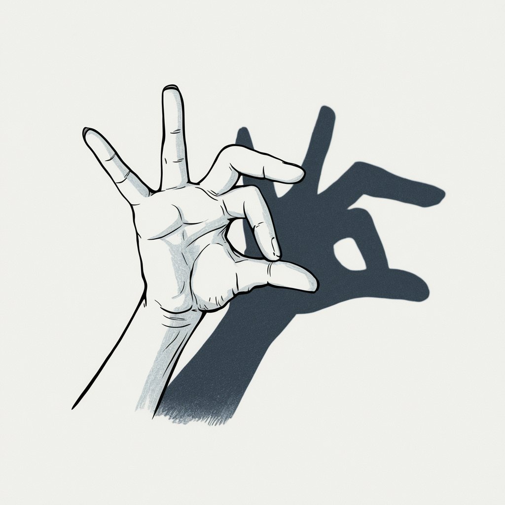 A minimalist, plain white background pencil drawing illustration of a hand forming a shadow puppet, such as a bird. The fingers are bent and arranged to create the shape, with light shading on the hand and a bold outline for the shadow on an imaginary wall. Drawn in a simplistic style, it highlights playful creativity and precise gestures.