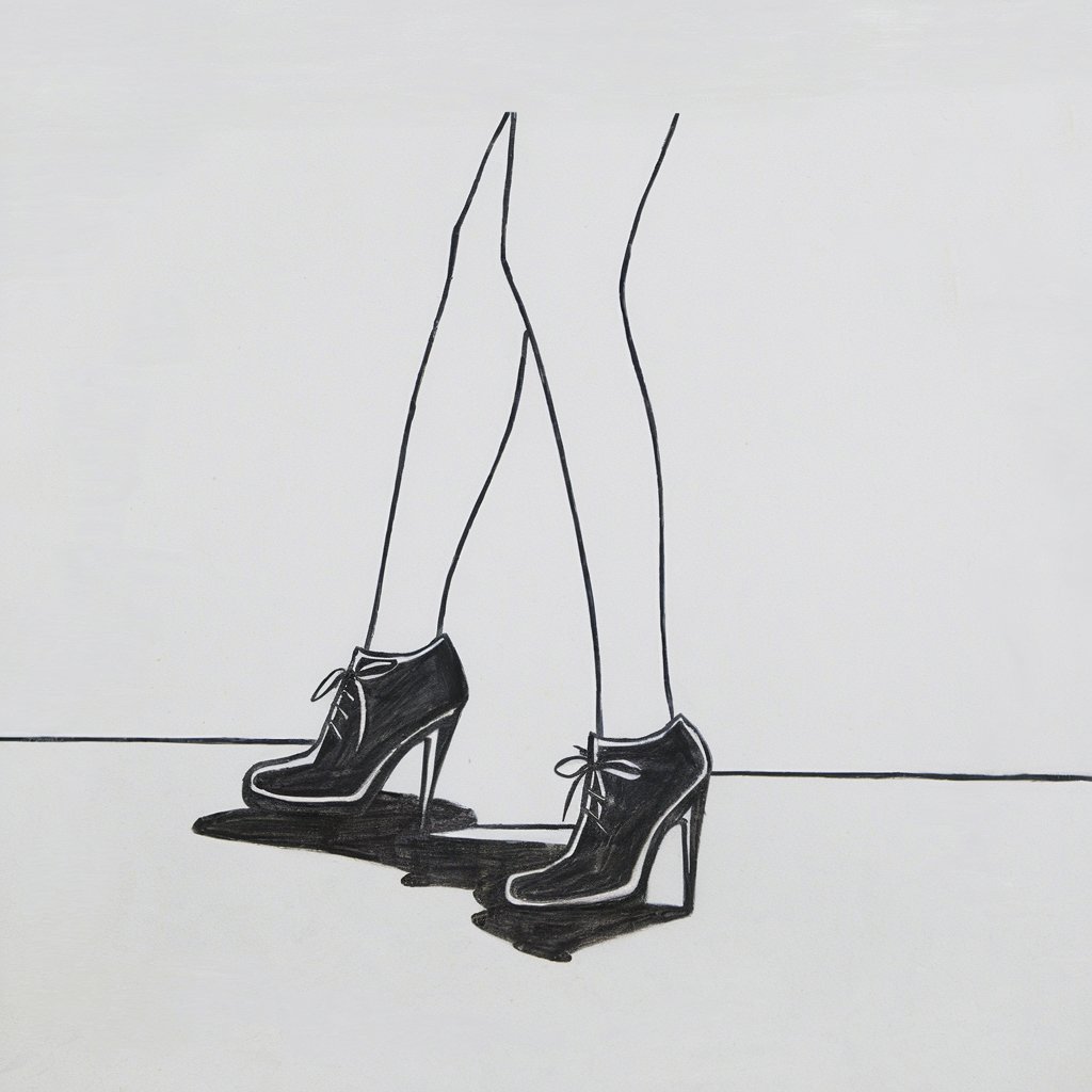 A minimalist pencil drawing of a pair of legs wearing dark shoes. The legs and shoes are depicted as dark, shadowy silhouettes against a plain white background. The outline is clean and bold, emphasizing the unique shapes of the legs and footwear. The lack of internal detail highlights the minimalist aesthetic, drawing attention to the stark contrast against the plain white background. The composition is drawn in a simplistic style, making it striking and mysterious.