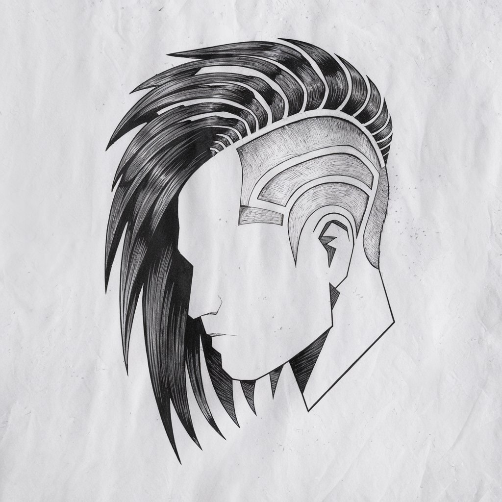 A minimalist, plain white background pencil drawing illustration of a bold shaved hairstyle with intricate geometric patterns. The design is drawn in a simplistic style, with sharp, clean lines contrasting with the textured longer sections of hair. The overall image has a monochromatic color scheme, with the pencil strokes visible on the white background.