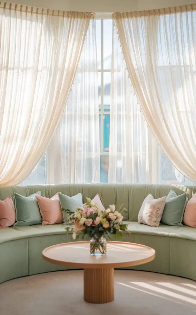 A photo of a light-filled living room with a very cozy green couch framed by a window with sheer white curtains. The curtains filter sunlight, creating a soft, ethereal glow. The couch is adorned with pastel cushions, and a round wooden coffee table holds a vase of fresh flowers. The space feels airy, elegant, and serene.