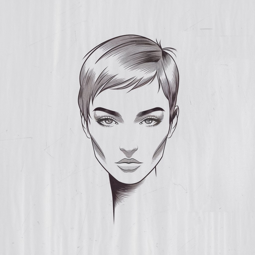 A minimalist, plain white background pencil drawing illustration of a trendy pixie cut with sharp edges. The haircut is drawn in a simplistic style, with soft, precise lines and minimal shading to highlight the bold and modern design. The overall image has a clean and professional look.