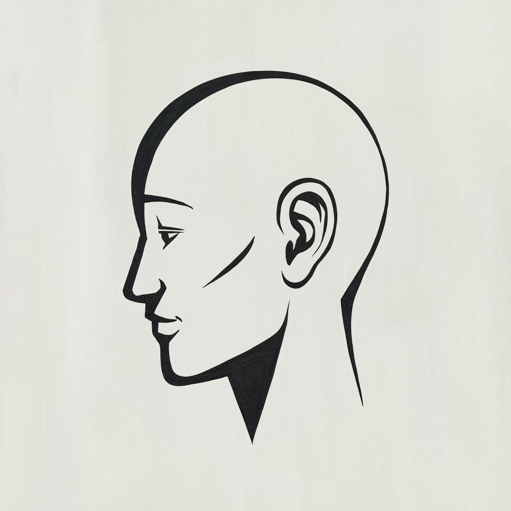 A minimalist, plain white background pencil drawing illustration of a human character's ear in side profile. The ear is black and white, drawn in a simplistic style with subtle angles and clean contours to align with the head's outline. The overall image has a monochromatic color scheme.