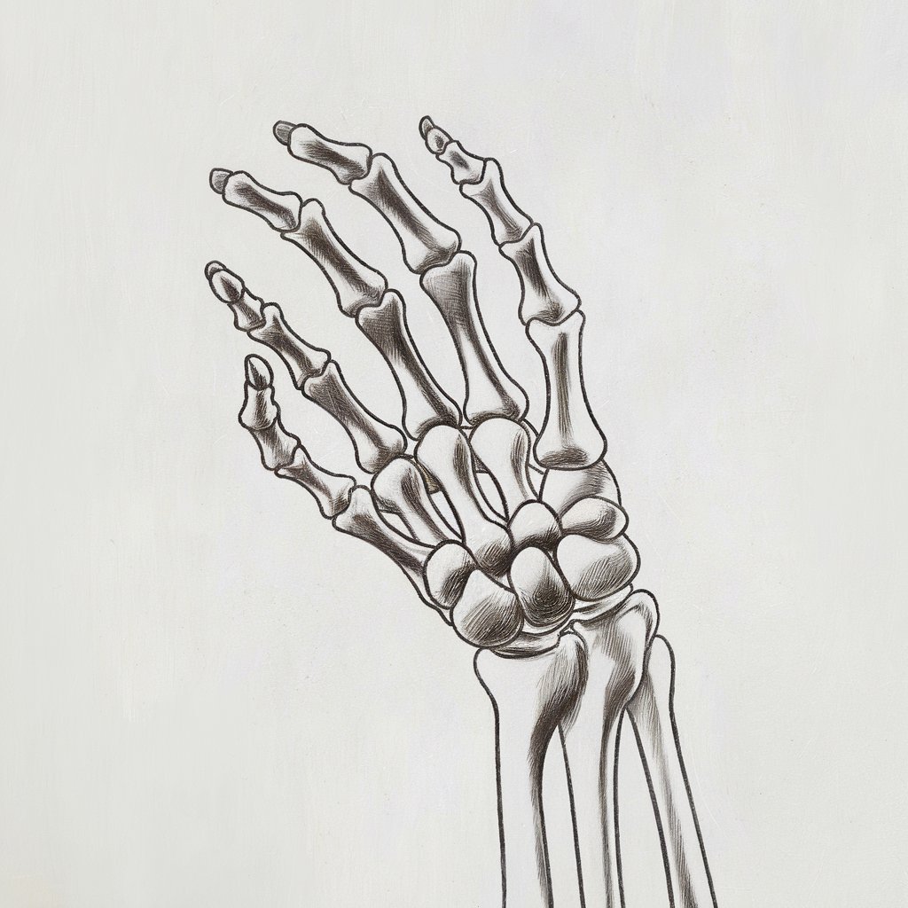 A minimalist, plain white background pencil drawing illustration of a skeleton hand. The hand is in a relaxed position, with the fingers curved slightly. The phalanges of each finger and the thumb are carefully outlined, with faint shading to distinguish individual bones. The joints are emphasized with darker tones for depth. The wrist bones are subtly detailed, connecting seamlessly to the hand. The drawing is done in a simplistic style, highlighting clean, uniform lines and a balance between anatomical accuracy and minimalistic design.