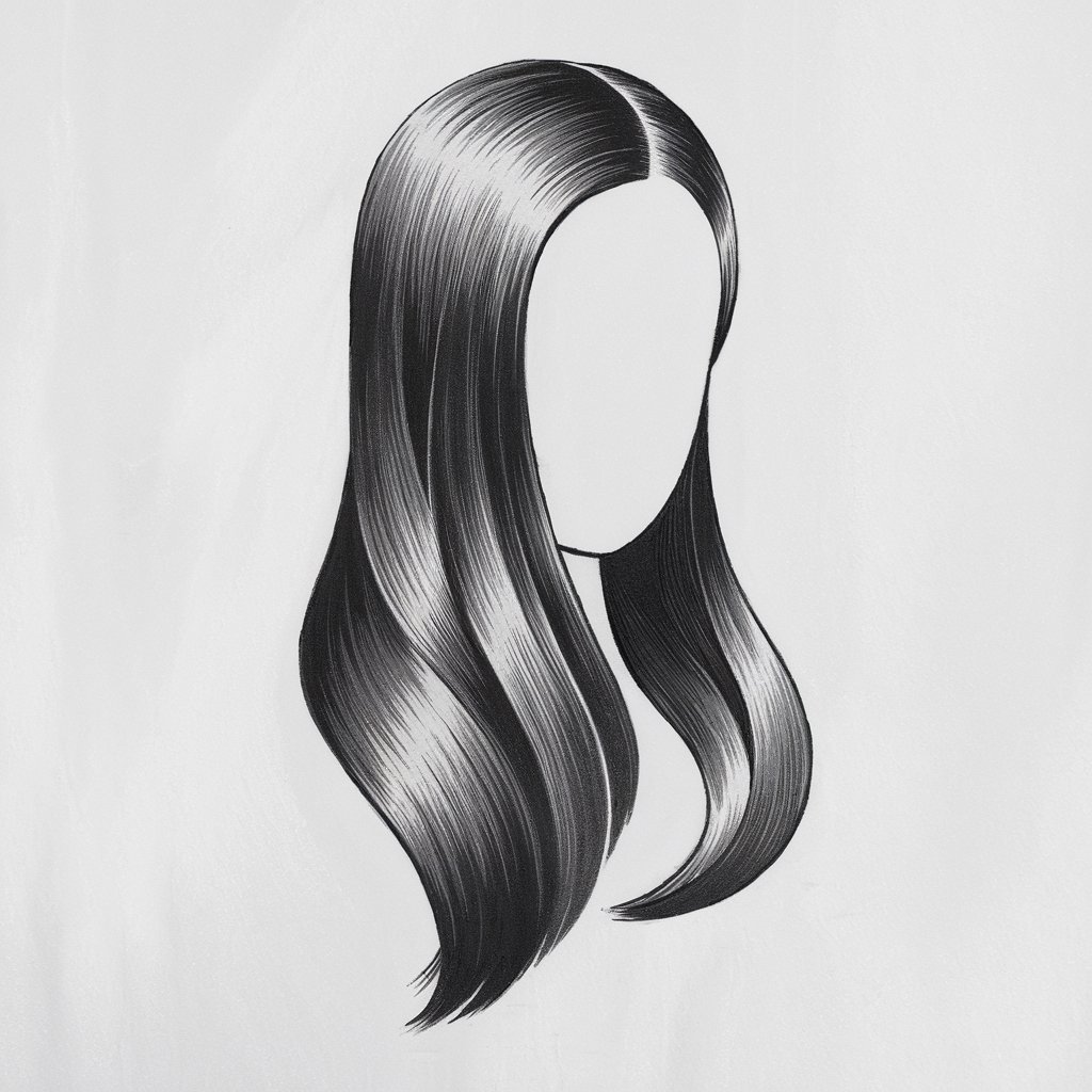 A minimalist pencil drawing of sleek, straight hair flowing smoothly down the shoulders. The hairstyle is drawn in a simplistic style with clean, uninterrupted lines and subtle highlights to emphasize its smooth and polished texture. The background is a plain white background.