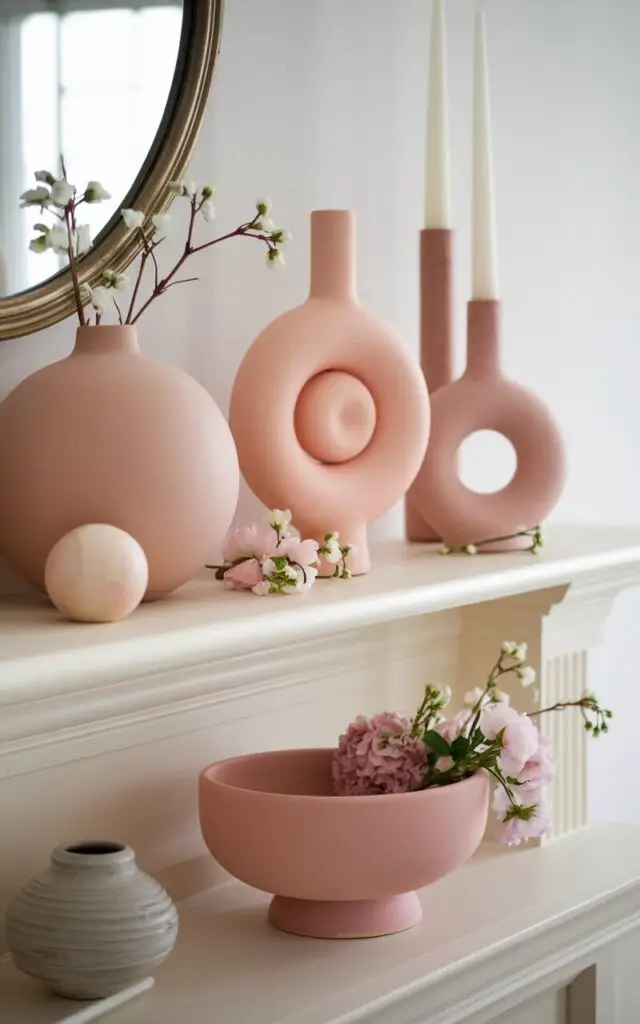 A soft-edged spring mantel featuring round ceramic vases, curvy candleholders, and a sculptural bowl. The decor is in pastel tones, complemented by small clusters of fresh flowers. The gentle curves of the items create a relaxed, organic aesthetic, perfect for spring.