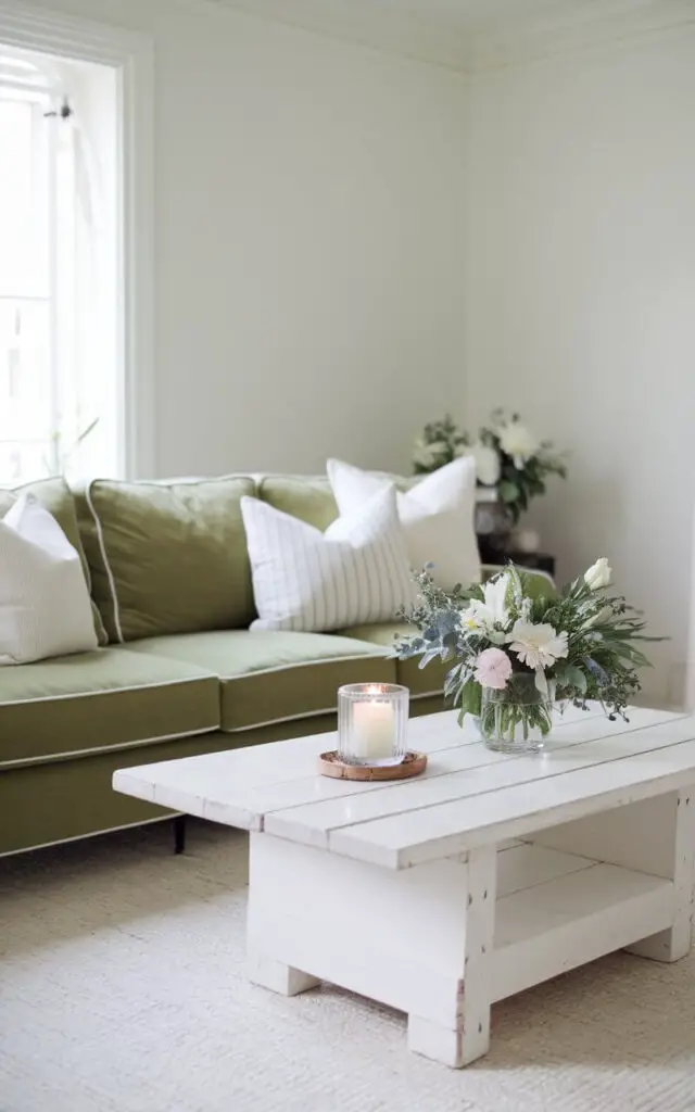 A photo of a bright and airy living room with a green couch and white decor. The couch has white cushions and is placed in front of a white-washed wooden coffee table. The table holds fresh flowers and a glass candle. The walls are painted in a crisp white. The room has a serene and sophisticated atmosphere.