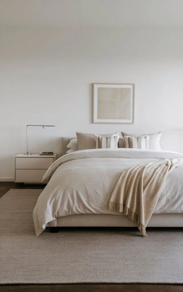 A photo of a minimalist bedroom with a solid gray rug placed beneath a cozy bed dressed in light beige bedding and a matching throw. The rug's neutral tone grounds the space, allowing the clean lines of the furniture to shine. A streamlined nightstand with a sleek lamp and a single framed artwork above the bed enhance the simplicity and elegance of the room.