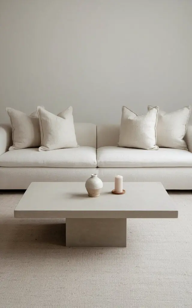 A photo of a minimalist living room with a sleek solid living room rug in a calming pale gray color. The very cozy white sofa is styled with matching throw pillows for a streamlined look. A simple rectangular coffee table with a matte black finish holds a small ceramic vase and a single candle. The neutral tones of the rug and furnishings emphasize simplicity and tranquility, creating a space that feels open, airy, and effortlessly chic.