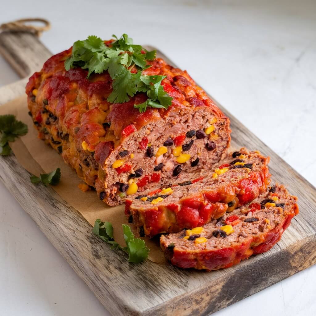 A photo of a beautifully vibrant meatloaf resting on a rustic wooden cutting board. The meatloaf's golden-brown exterior has a slightly crispy crust with light charred spots, hinting at its savory richness. The meatloaf is garnished with a generous sprinkling of freshly chopped cilantro. As the meatloaf is sliced open, the colorful interior is revealed, with tiny, visible chunks of red bell peppers, bright yellow corn kernels, and hearty black beans. The meatloaf is presented on a clean, white countertop, making the dish look inviting and appetizing.