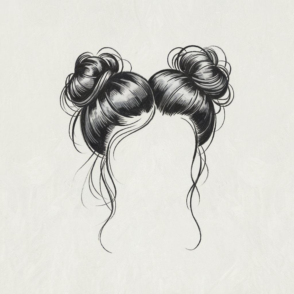 A minimalist, plain white background pencil drawing illustration of two high space buns with loose strands. The hairstyle is drawn in a simplistic style, with curved lines and subtle shading giving it a playful and quirky appearance.