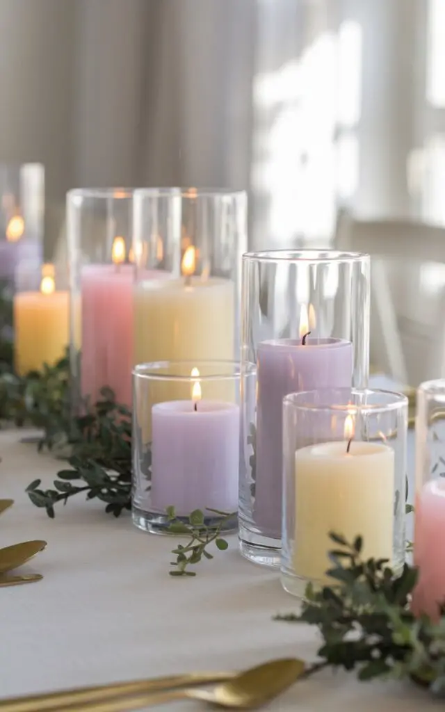 A medium shot of a glowing spring dining table adorned with pastel candles in varying heights and soft shades of pink, yellow, and lavender. The candles are nestled in clear glass holders, surrounded by small sprigs of greenery. A white tablecloth provides a neutral base, while sunlight streaming through a nearby window enhances the warmth and elegance of the candlelight.