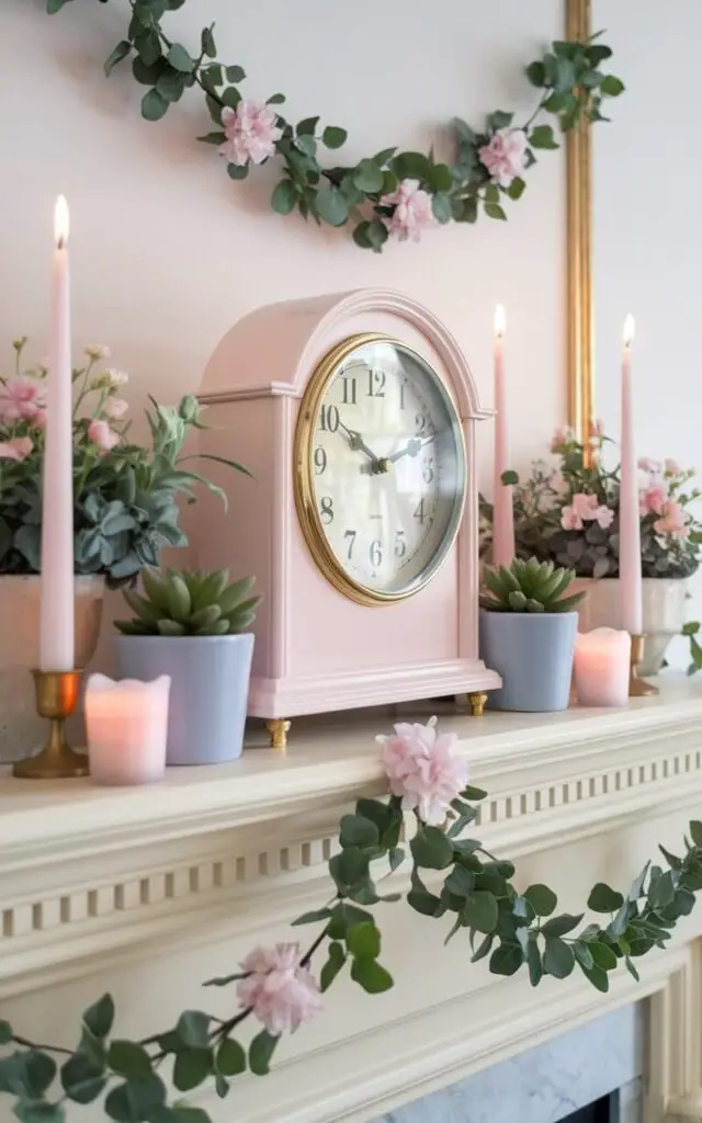 A photo of a stylish spring mantel with a pastel-hued clock as the centerpiece. The clock is flanked by small potted plants and candles in soft colors. Delicate floral garlands drape across the mantel, tying the look together. The subtle seasonal details enhance the feeling of spring's freshness and renewal.