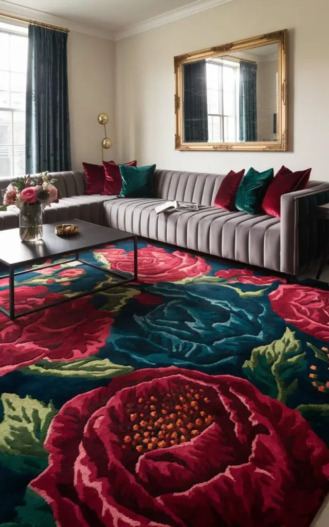 A living room with a bold statement rug featuring an oversized floral pattern in rich jewel tones of ruby, sapphire, and emerald. The room contains a cozy sectional sofa in a soft gray tone, styled with velvet throw pillows in complementary colors. A sleek black coffee table holds a vase of flowers. A gold-framed mirror on the wall reflects the dramatic style. The statement rug is the undeniable focal point of the room, exuding elegance and creativity.