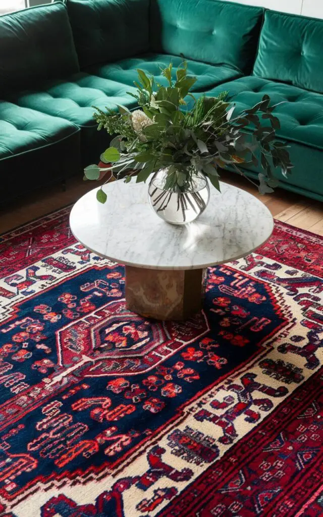 A dynamic living room with a very cozy green couch anchored by a bold, patterned rug. The rug features intricate designs in vibrant colors like deep red, navy, and cream. A round marble coffee table sits on the rug, holding a glass vase filled with fresh greenery. The statement rug ties the room together, making it both stylish and inviting.