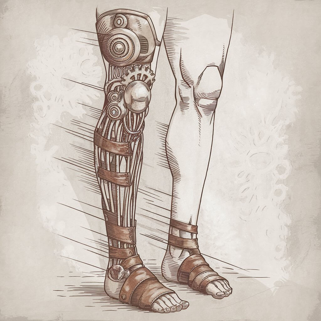 A minimalist pencil drawing illustration of legs adorned with steampunk elements, including gears, cogs, and leather straps. The mechanical details are drawn with clean, intricate lines, blending industrial design with anatomical shapes. Subtle shading adds depth to the metallic textures and emphasizes the vintage aesthetic. Drawn in a simplistic style, the illustration is imaginative yet minimal.