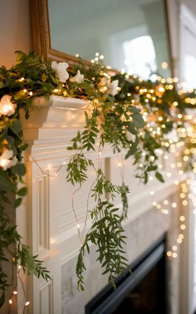 A photo of a whimsical spring mantel. The mantel is adorned with warm string lights draped across a garland of greenery. Soft white flowers are woven into the garland. The lights cast a warm, magical glow. The combination of greenery, flowers, and soft lighting creates a cozy yet fresh springtime atmosphere.