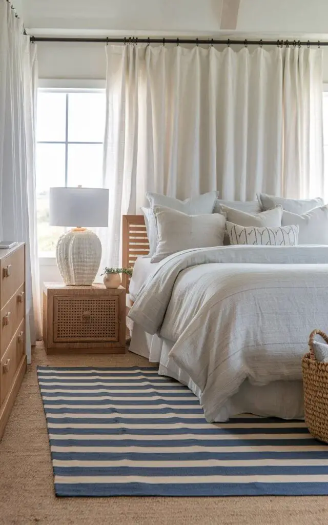 A photo of a coastal-inspired bedroom with a striped blue and white rug under a cozy bed dressed in light linen bedding. The rug's beachy vibe is complemented by wooden furniture and airy white curtains. A seashell-themed bedside lamp and woven basket add to the coastal theme, creating a light and breezy space.