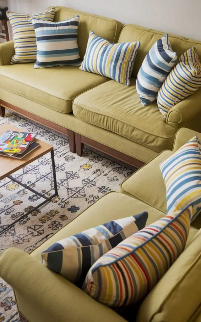 A cheerful living room with a cozy green couch decorated with striped throw cushions in shades of blue, yellow, and white. A patterned area rug is placed beneath the couch, adding depth to the design. A small wooden coffee table holds colorful magazines. The playful mix of stripes and vibrant colors creates a fun and welcoming atmosphere.