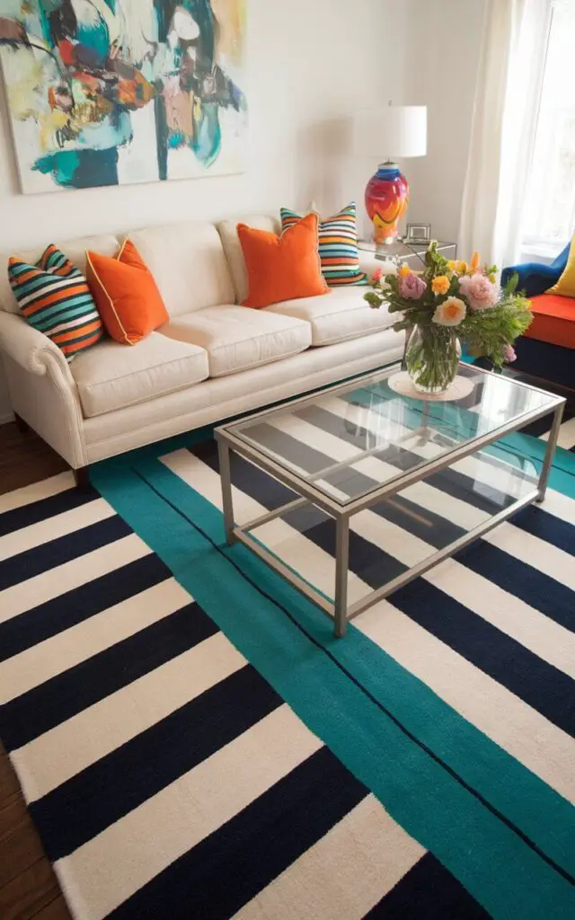 A playful living room with a bold striped rug in teal, white, and navy. A cream-colored sofa is placed on the rug, with orange and yellow cushions. A glass-top coffee table holds a vase of fresh flowers. An abstract painting on the wall complements the rug's lively design. The striped rug adds energy and vibrancy, making the room feel dynamic and fun.