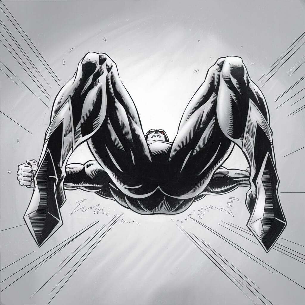 A minimalist pencil drawing of a superhero landing with a dramatic pose. The superhero has muscular legs and wears sleek boots with angular designs. There is light shading to emphasize the power and energy in the pose, and motion lines suggest impact. The background is a plain white.