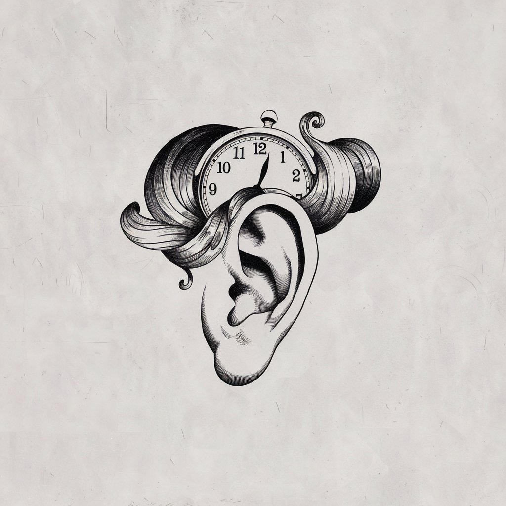 A minimalist pencil drawing illustration on a plain white background, featuring a surreal composition of an ear merging with a clock and swirling patterns. The ear is depicted in black and white with a simplistic style, evoking a dreamlike and imaginative aesthetic.