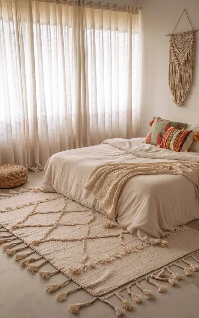 A photo of a boho-style bedroom with a neutral rug and a cozy bed with soft white bedding and colorful throw pillows. The rug has textured tassels and is placed under the bed. There is a woven ottoman near the bed and a macramé wall decor above the bed. The room has sheer curtains that allow soft, natural lighting to filter in.