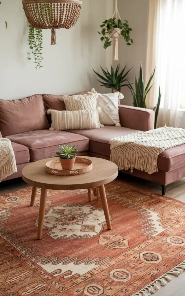 A bohemian-inspired living room with a tasseled living room rug featuring intricate patterns in warm tones of terracotta, gold, and cream. The cozy sofa in a muted taupe color is decorated with macramé throw pillows and a handwoven blanket. A round wooden coffee table sits on the rug, topped with a tray holding a potted succulent. A beaded chandelier and hanging plants complete the look, while the tasseled rug adds charm and whimsy to the overall design.