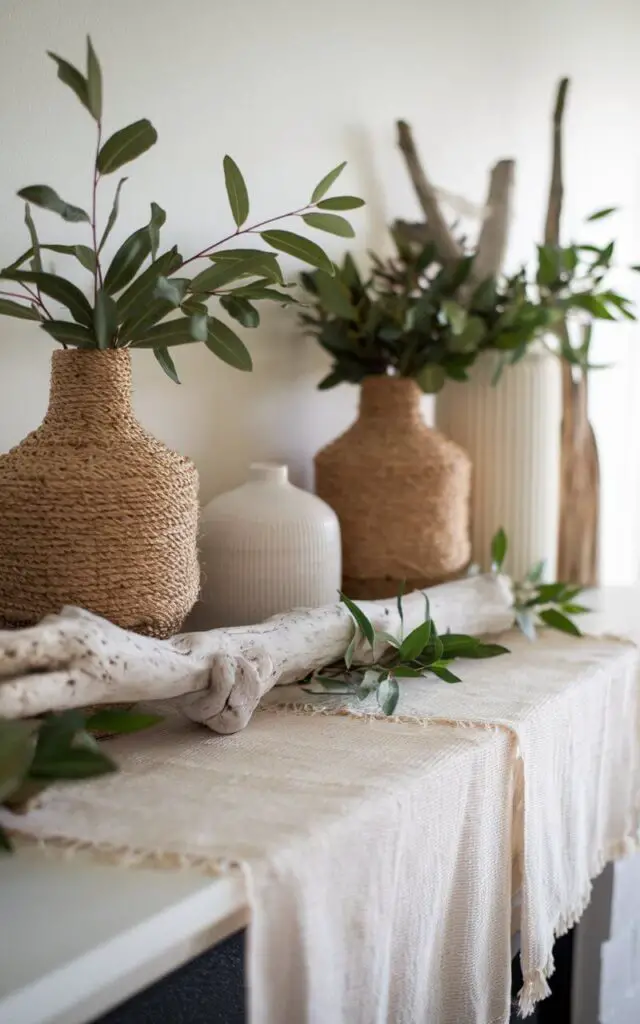 A cozy spring mantel styled with soft, woven textiles, including a light beige runner and a small throw blanket. Natural elements, such as driftwood, jute-wrapped vases, and sprigs of green leaves, complement the textiles. The arrangement feels warm and organic, with a harmonious mix of textures that evoke spring's tranquil energy.