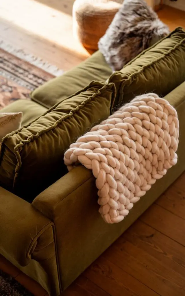 A cozy green couch with a chunky knit cream throw placed on the backrest. The couch is in a warm and inviting living room with wooden floors. A faux fur pillow and a woven ottoman are placed near the couch. A patterned rug is placed on the floor, adding contrast to the wooden floors. Natural light fills the room, highlighting the layers of textures and creating a snug and comfortable atmosphere.