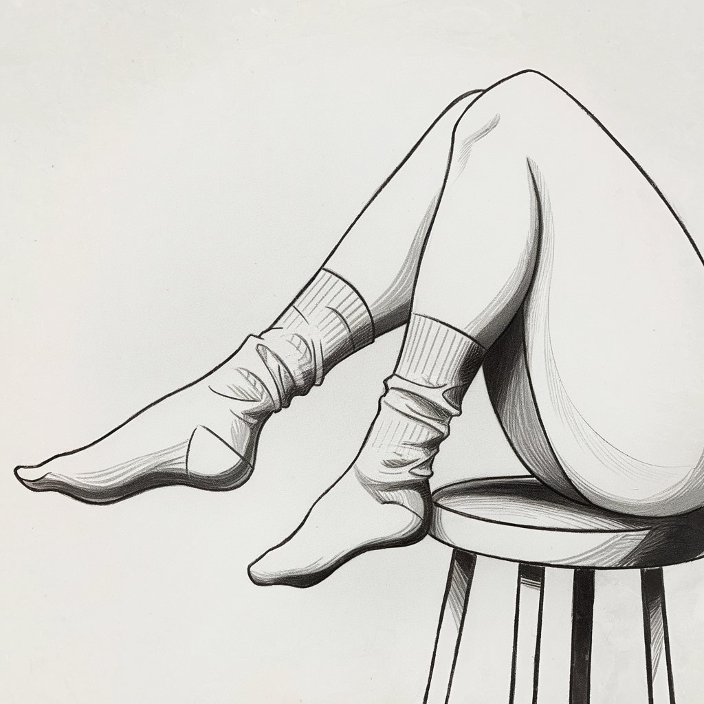 A minimalist, plain white background pencil drawing illustration of legs resting on a stool. The feet are slightly angled and relaxed. The socks are wrinkled, conveying a sense of exhaustion. Smooth shading highlights the curves of the calves and the slouching posture. The drawing is in a simplistic style and captures a moment of rest with clean, minimalistic lines.