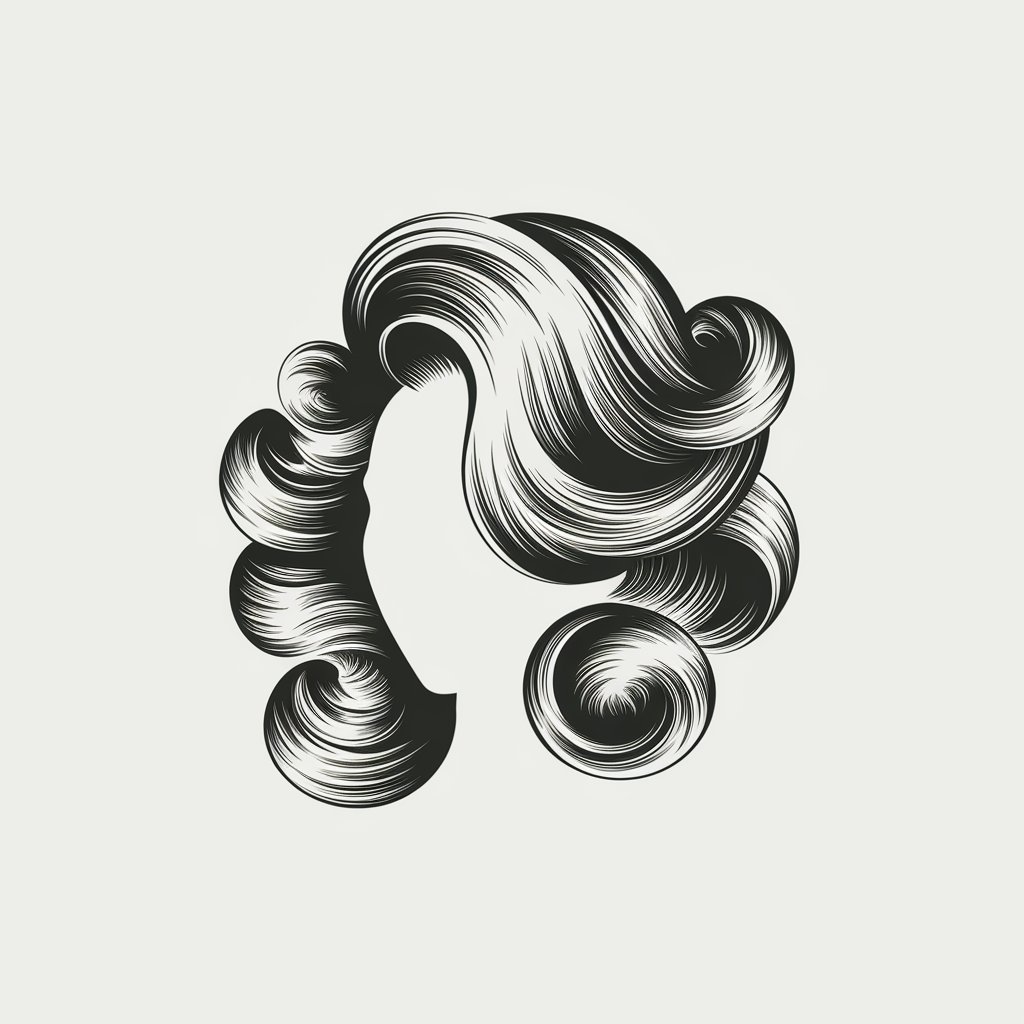 A minimalist, plain white background pencil drawing illustration of dramatic, spiraling hair twists. The hairstyle is drawn in a simplistic style, with exaggerated swirls and bold lines conveying motion and creativity.