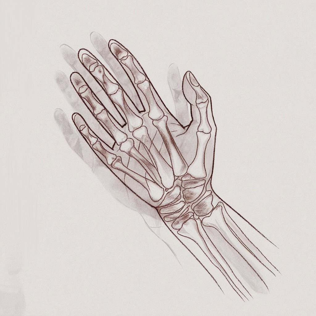 A minimalist pencil drawing of a semi-transparent hand with faintly sketched bones and veins. The hand has extended fingers, and the outline of the hand is softly shaded to create the illusion of translucency. The bones are lightly detailed with clean lines, blending seamlessly into the overall anatomy. The drawing is done in a simplistic style, making the concept both unique and visually intriguing.