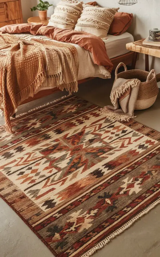 A rustic bedroom with a tribal print rug in earthy tones under a cozy bed draped in warm, textured bedding. The rug’s intricate patterns complement the natural wood furniture and woven accents, including a basket filled with blankets. A hanging pendant light and a small potted plant complete the warm, inviting atmosphere.