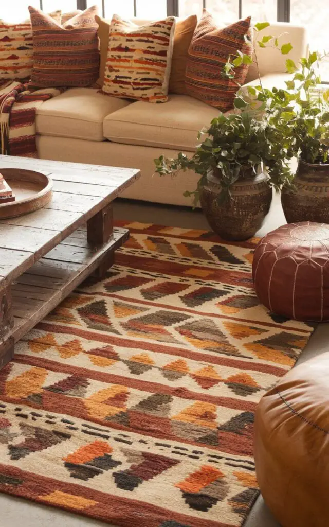 A photo of a warm and inviting living room with a tribal-patterned rug in earthy shades of brown, orange, and cream. There is a beige sofa styled with colorful pillows featuring traditional patterns. A leather pouf and a rustic wooden coffee table with a distressed finish are placed in the room. Greenery in ceramic pots adds layers of texture, and the tribal rug serves as the cultural centerpiece of the space.