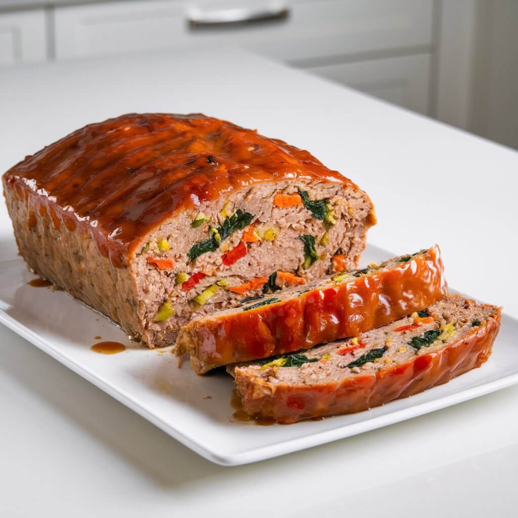 A photo of a wholesome and hearty turkey and vegetable meatloaf on a pristine, bright white kitchen countertop. The golden-brown loaf is perfectly cooked, with its surface glistening under a glossy glaze of honey and balsamic vinegar. As thin slices are carved from the loaf, they reveal a medley of vibrant colors inside—specks of bright green zucchini, orange-hued shredded carrots, finely diced red bell peppers, and dark green spinach. The colorful vegetables not only add nutritional value but also bring a visually appealing mosaic of textures and flavors. The meatloaf is thoughtfully presented on a sleek, minimalist white rectangular platter, enhancing the vibrant colors and golden tones of the dish. The glaze is smooth and even, and the top of the loaf is neatly shaped, showing attention to detail and care in its preparation.