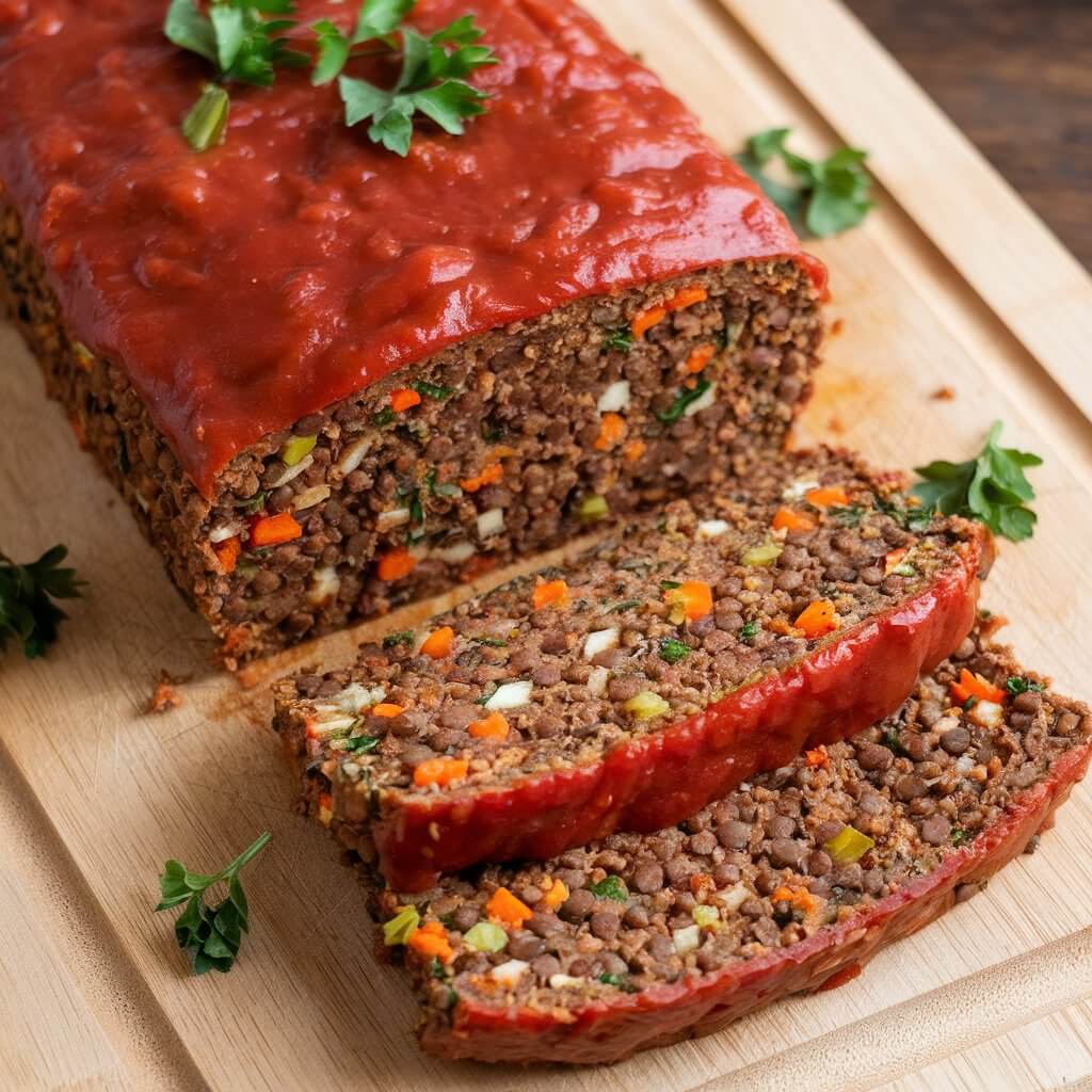 A photo of a rectangular vegan meatloaf on a wooden cutting board. The meatloaf is sliced near the front, revealing a moist, textured interior made from lentils, vegetables, and seasonings. The brown interior is speckled with visible ingredients, including small lentils, diced vegetables like carrots and celery, and herbs, giving it a hearty, rustic appearance. The top of the meatloaf is coated with a smooth layer of vibrant red tomato-based glaze, which appears slightly glossy and spreads evenly across the surface. A few sprigs of chopped fresh parsley are scattered on top, providing a pop of green color against the reddish hue. Two thick slices of the loaf are positioned slightly apart from the main loaf, showcasing the dense, brown, crumbly, yet moist texture of the lentil-based mixture. The overall presentation is warm and inviting, with earthy tones from the wood and lentils complemented by the bright red