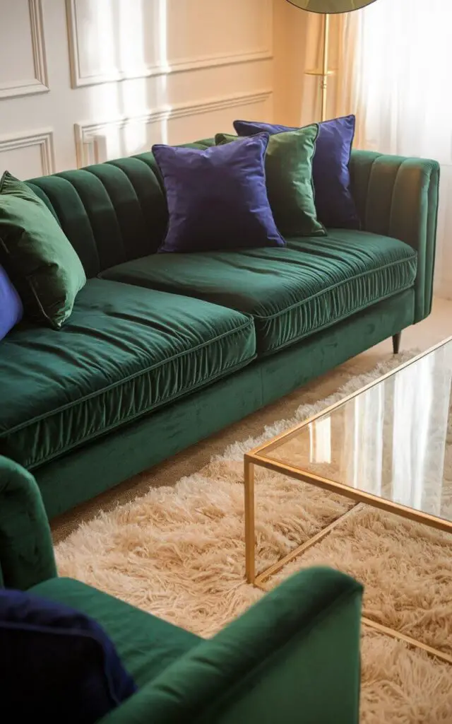 A luxurious living room with a velvet green couch as the main focus. The couch has plush cushions and is adorned with jewel-toned throw pillows in sapphire blue and emerald green. A glass coffee table with a gold frame is placed in front of the couch. A thick, cream-colored rug is placed on the floor. A large floor lamp with a gold base is positioned near the couch, casting a warm glow over the room.