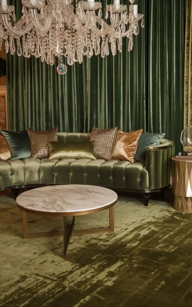 A photo of an opulent living room with a velvet-textured living room rug in a deep emerald green shade. The room features a plush gray velvet sofa adorned with metallic gold and silver throw pillows. A round marble coffee table with brass legs sits on the rug. A sparkling crystal chandelier hangs overhead. The space has a rich and sophisticated feel, with the velvet living room rug as its shining centerpiece.